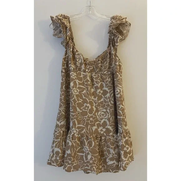 Blu Pepper Babydoll Dress Womens Size L Mini Brown Cream Floral Lined - Picture 1 of 12